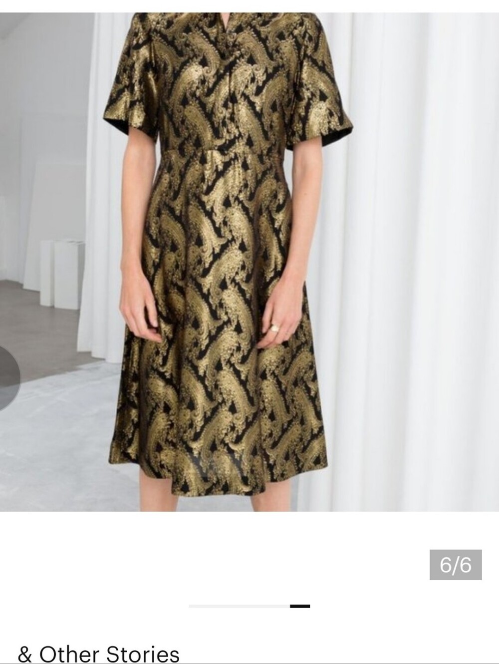 & Other Stories Black and Gold Jacquard Midi Dress with Short Sleeves